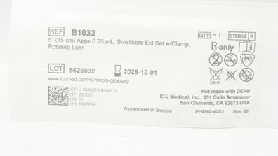 ICU Medical B1032 Smallbore Extension Set 6 inch Appx. 0.25mL